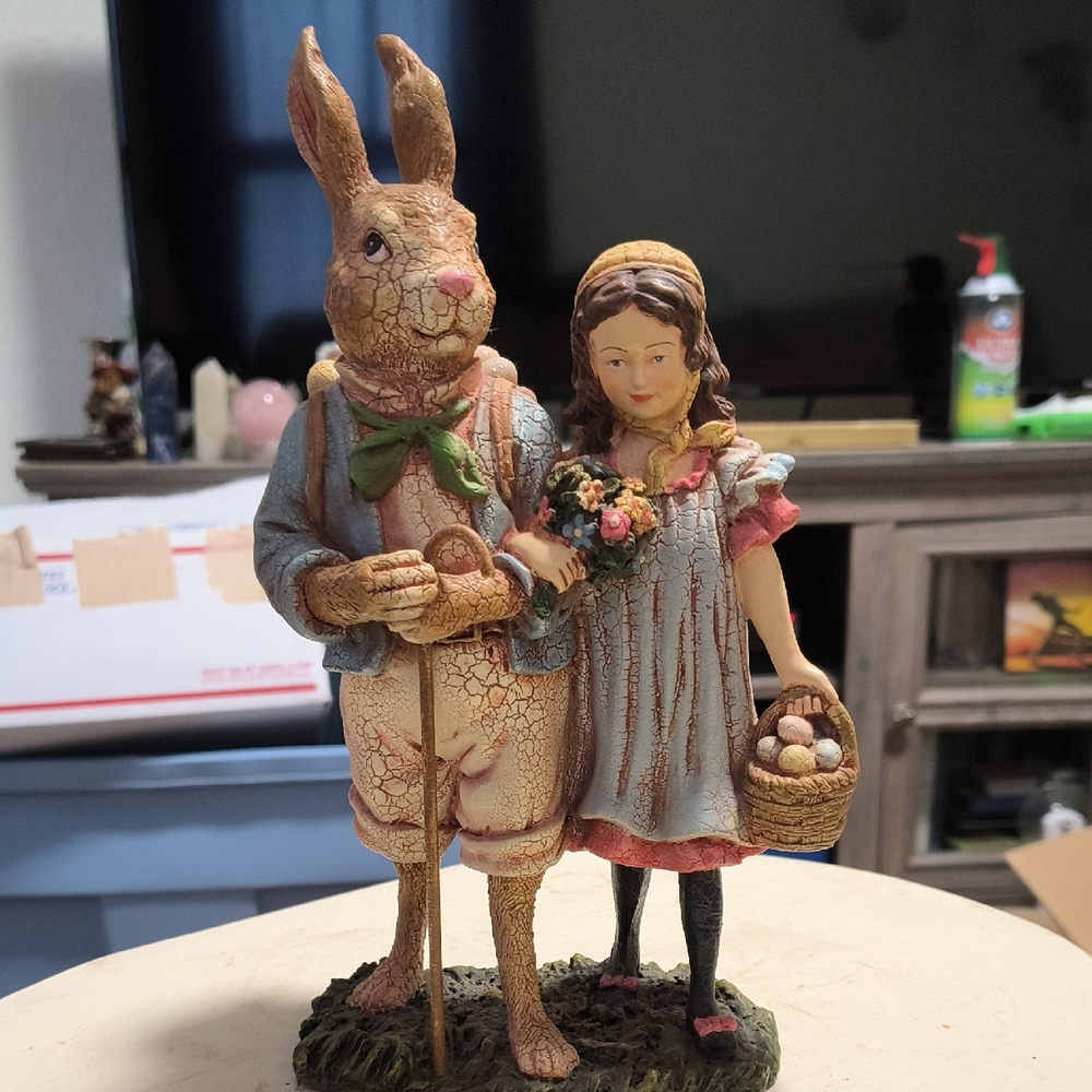 Vintage Inspired Rabbit and Girl Figurine